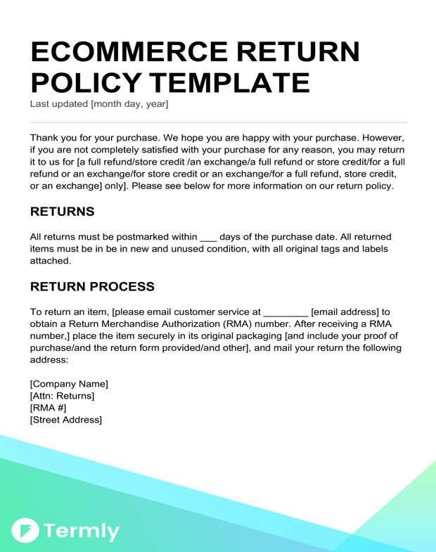 Returns and refunds policy templates for online shopping sites