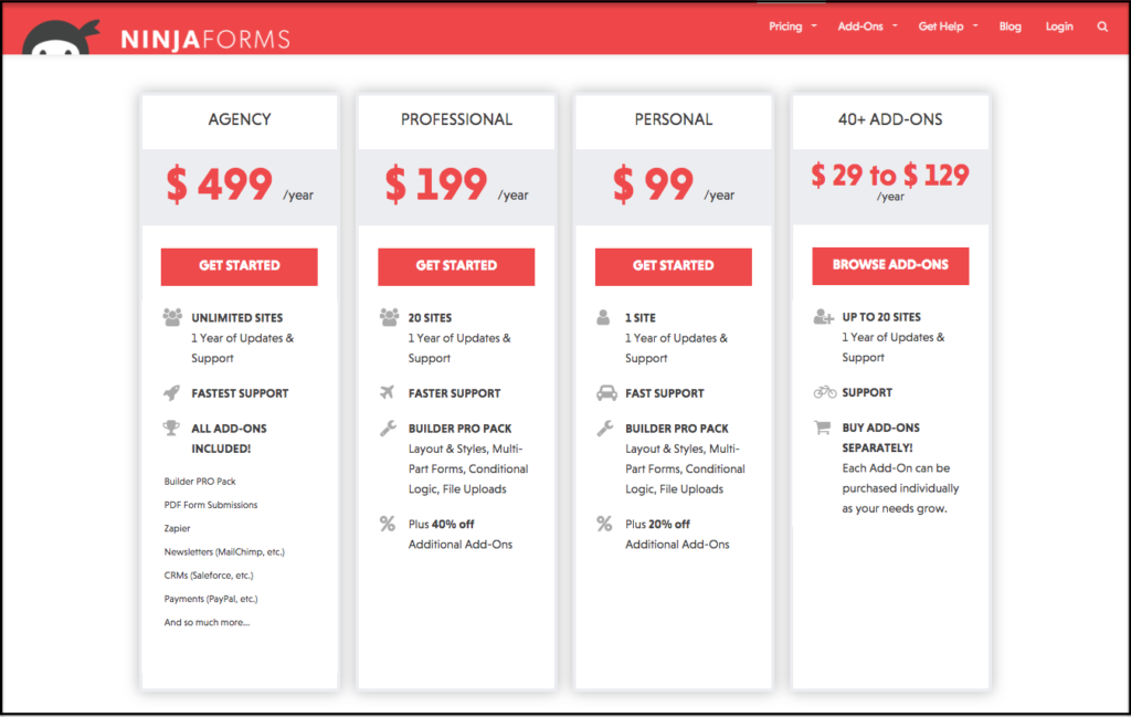 ninja forms pricing page