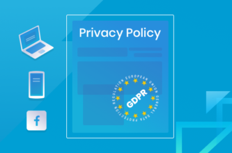 universal privacy policy featured image with GDPR stamp and website, mobile, and Facebook app icons