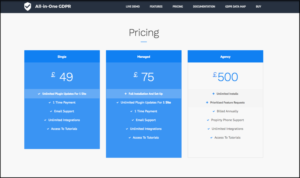 pricing page for all-in-one gdpr plugin 