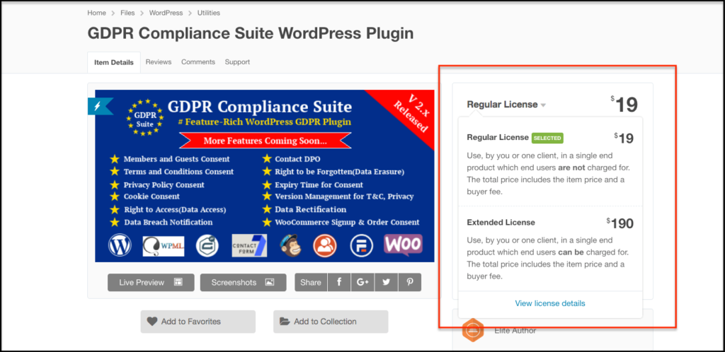 GDPR Compliance Suite plugin pricing page