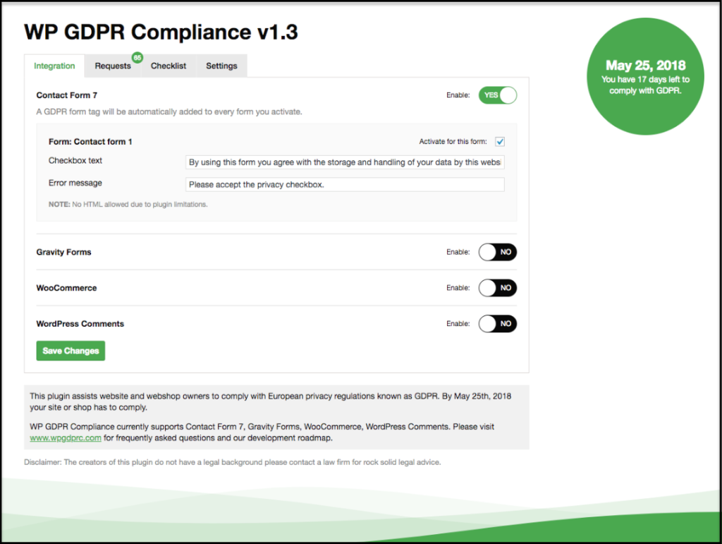 WP GDPR Compliance plugin screenshot