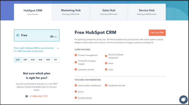 Hubspot CRM pricing page