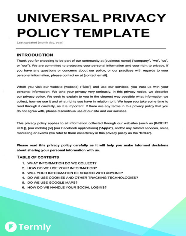 Free Privacy Policy Templates Website, Mobile, FB App Termly