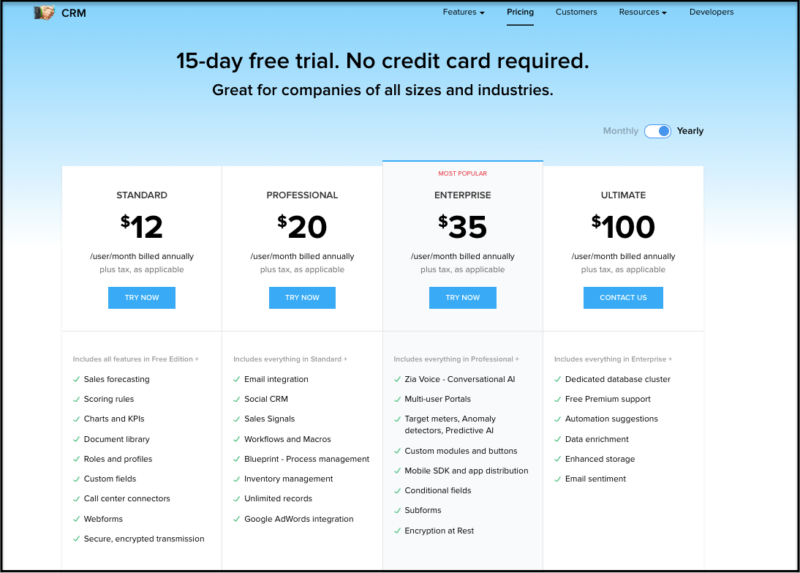 Zoho CRM software pricing page