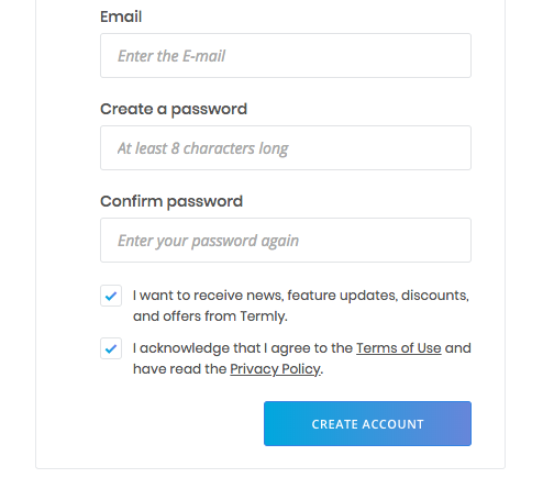  screenshot termly sign up page