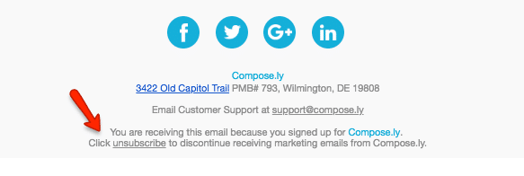 screenshot of an unsubscribe link in the footer of a composely email