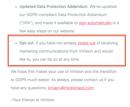 opt out link in email from invision