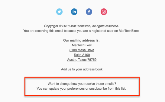 unsubscribe link in un footer e-mail