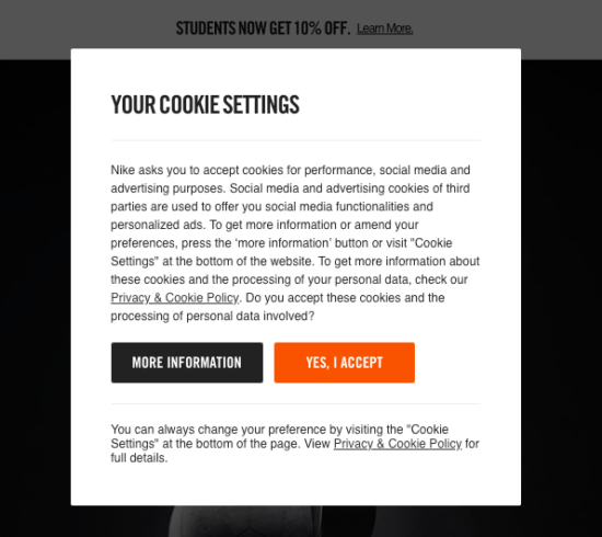 screesnhot of Nike cookie consent banner