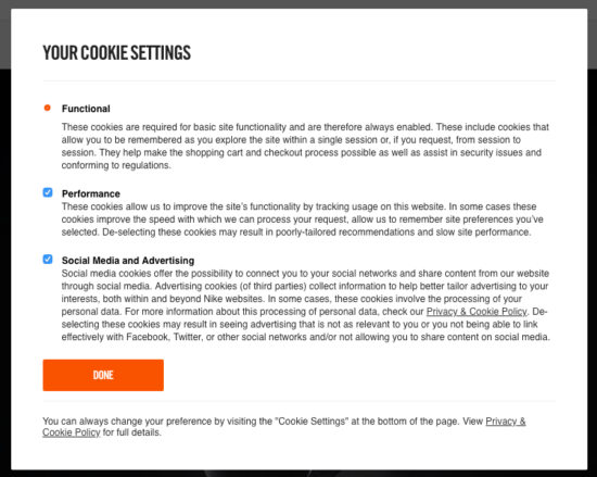 nike cookie consent banner with cookie explanation