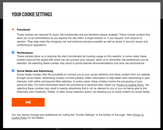 nike cookie consent banner med cookie förklaring
