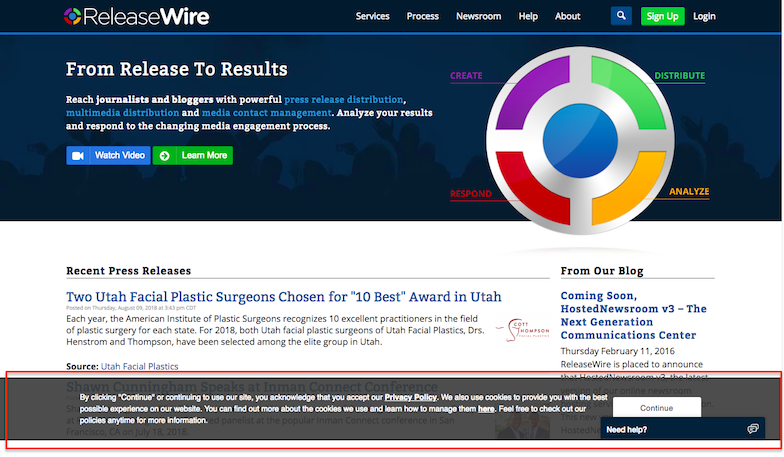 ReleaseWire.com's consent banner (compliments of Termly)