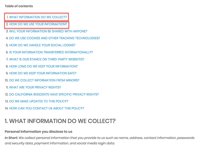 Termly's privacy policy with data collection practices highlighted