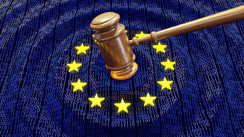 Judge hammer or gavel hitting EU data bits and bytes. Concept of GDPR law, breach and monetary penalty. 3D illustration