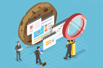 cartoon businessmen inspecting webpages and cookies
