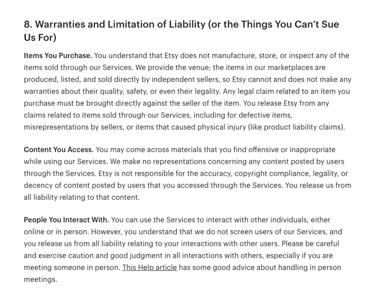 example of limitation of liability clause in etsy's ecommerce terms and conditions 
