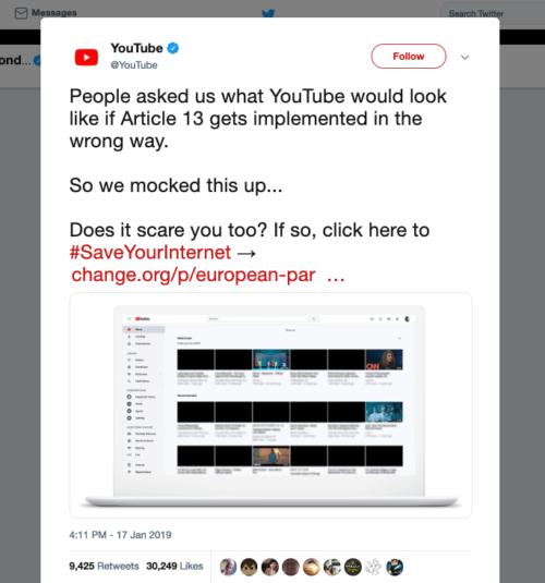 tweet from youtube about the eu copyright directive