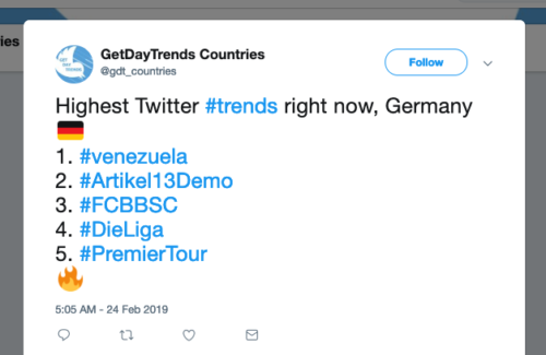 twitter trending topics showing the demonstration against article 13 as the #2 trend in germany