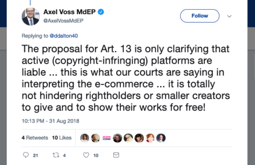 tweet from parliamentary member axel voss about the eu copyright directive
