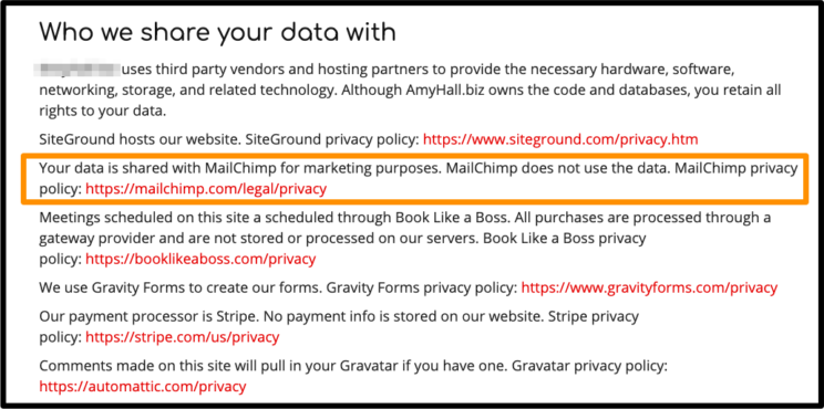 Example privacy policy listing third-party services that process user data