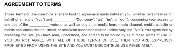 Agreement section of a terms of service