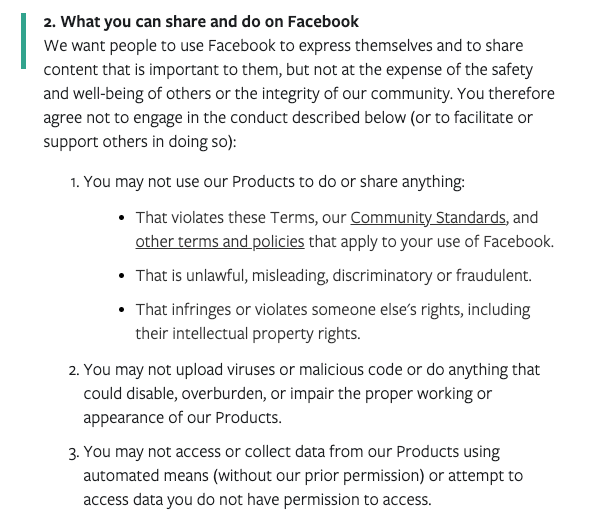 User behavior in facebook's terms of service