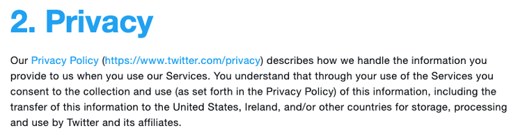 Privacy policy in Twitter's terms of service