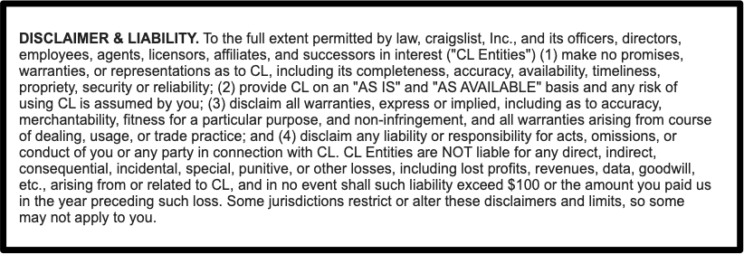 Screenshot showing a section of Craigslist's Terms of Use