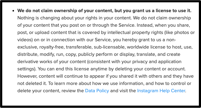 Screenshot showing a section of Instagram's Terms of Use