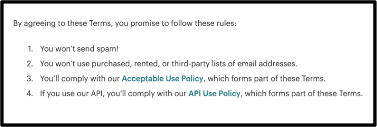 Screenshot showing the General Rules section of Mailchimp's Terms of Use