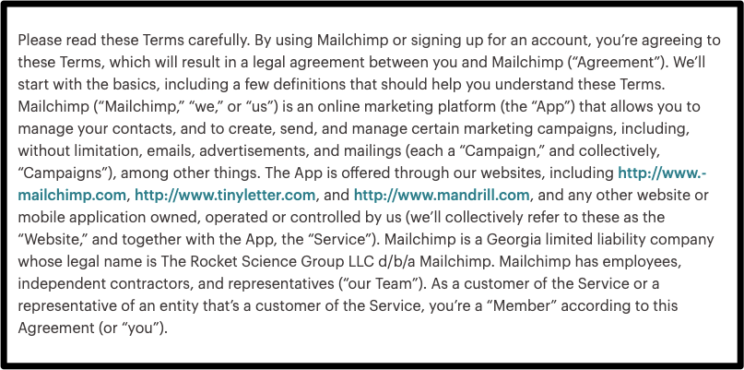 Screenshot showing the Introduction section of Mailchimp's Terms of Use