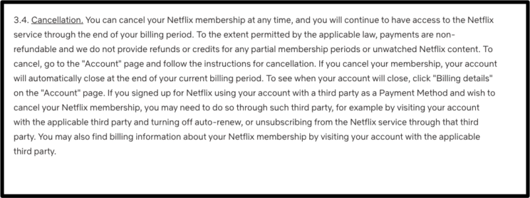 Screenshot showing a section of Netflix's Terms of Use