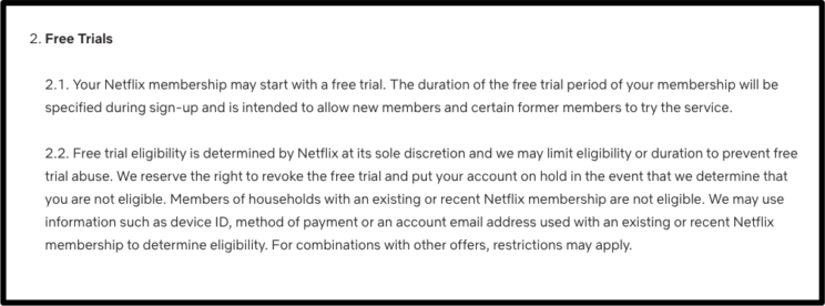 Screenshot showing a section of Netflix's Terms of Use
