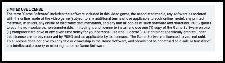 Screenshot showing the Limited Use License section of PUBG's Terms of Use