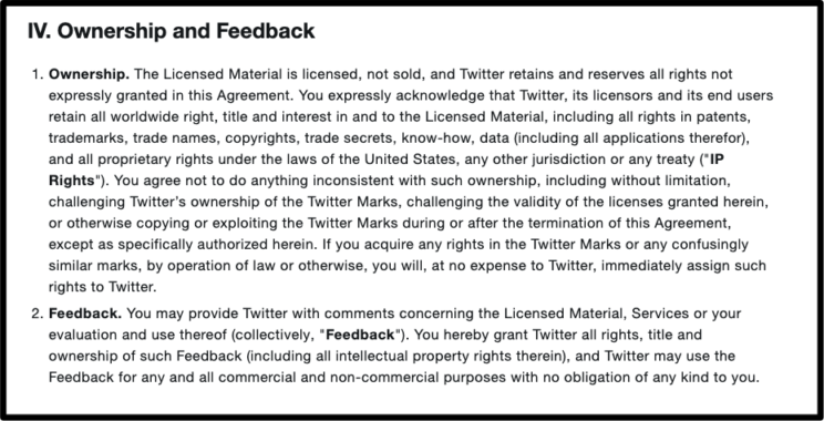 Screenshot showing a section of Twitter API's Terms of Use