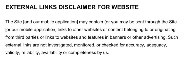 External links section of a website disclaimer
