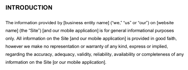 Introduction section of a website disclaimer