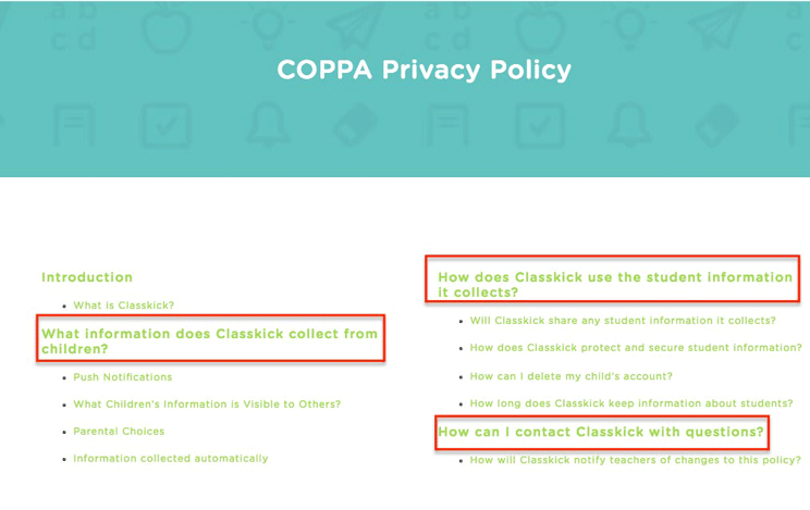 Classkick's COPPA privacy policy