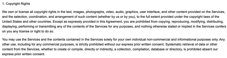 Copyright disclaimer example in the NFL's terms of service