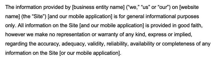 Example warranty disclaimer clause from Termly