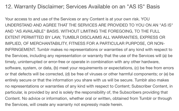 Tumblr's "as is" warranty disclaimer