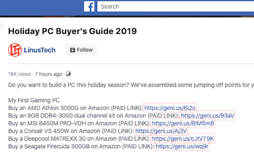 Amazon affiliate links on a Facebook page (Linus Tech Tips), along with the "paid link" disclosure