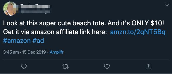 Amazon affiliate link on a twitter post, along with #amazon #ad hashtags