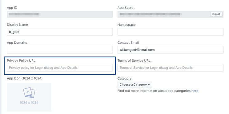 Entering a valid privacy policy URL in the Facebook Developer Dashboard