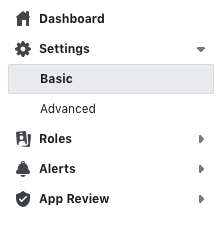 Facebook for Developers Dashboard settings menu