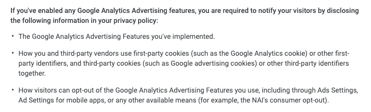 Advertising features of Google Analytics shown in Google's policy requirements