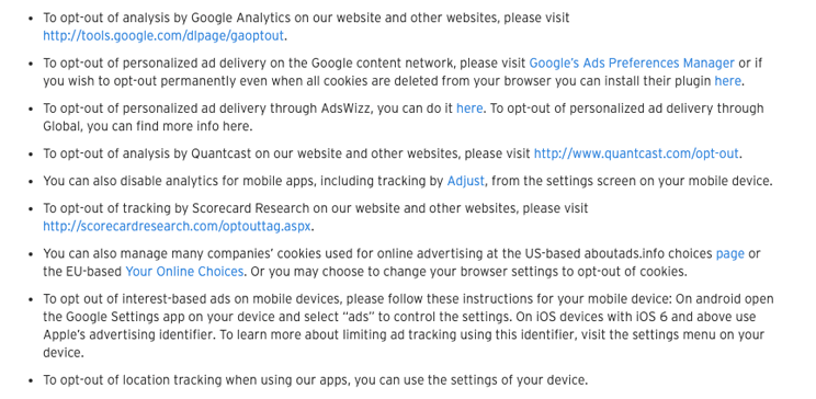 Google Analytics usage section of SoundCloud's privacy policy