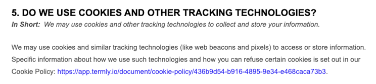Tracking technology usage explained in Termly's privacy policy