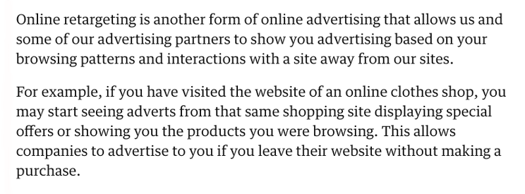 Google Analytics retargeting explained in The Guardian's privacy policy